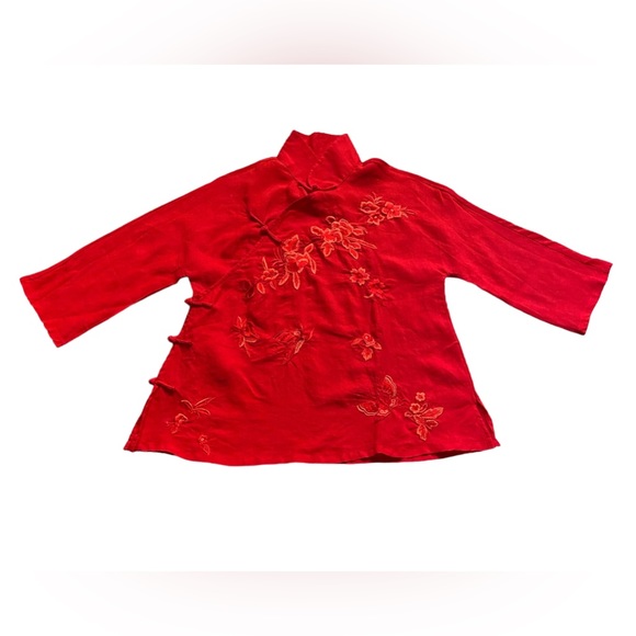 Tops - Coral/red Japanese style blouse looks like linen with beautiful embroide…